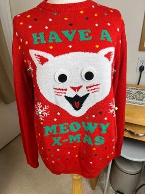 H&M ‘Meowy Xmas’ Ugly Christmas Sweater size M Red Multi Unisex Funny Holiday